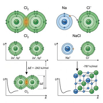 Scientific diagram illustrating chemical bonding comparing covalent bonds in chlorine gas and ionic bonds in sodium chloride