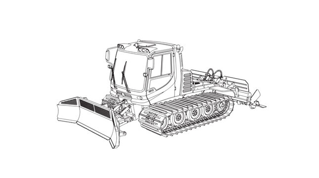 Snow Groomer Vehicle CAD Line Art Designs Set, industrial snowcat line art for ski resort maintenance, Heavy machinery tracked vehicle for winter slope preparation, snow, groomer, 2D CAD Design.
