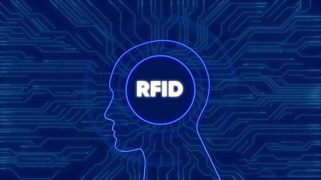 Rfid technology concept: digital human head silhouette with circuit board background