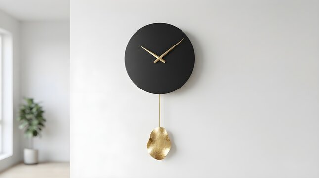 Minimalist black pendulum wall clock with gold hands in bright modern interior