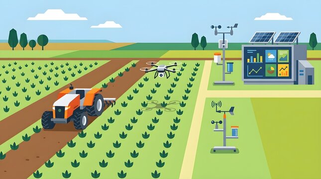 Flat minimal vector illustration of a smart agriculture system featuring an autonomous tractor, crop monitoring drone, weather station, IoT sensors, solar-powered control center, and precision farming