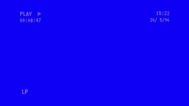 Retro vhs blue screen background with glitch distortion effects and playback overlay, 4k vhs play video