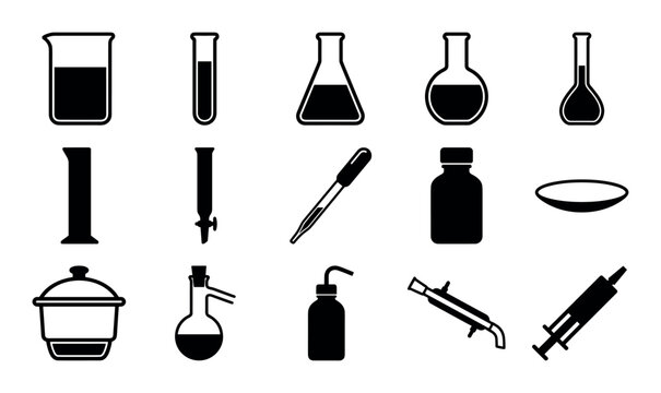 Laboratory and medical concept icons with beaker, syringe and dropper for scientific research design in solid glyph style