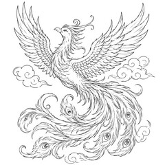 Fototapeta premium Majestic Phoenix Mythology Bird, Black and White Illustration