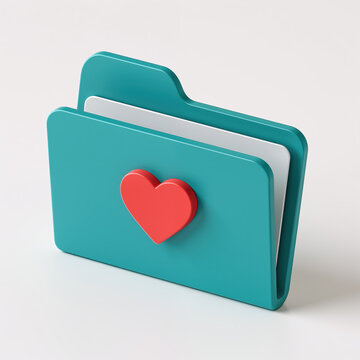 Teal folder with rounded edges and red heart symbol on front, representing love or favorite files, on a plain white background.
