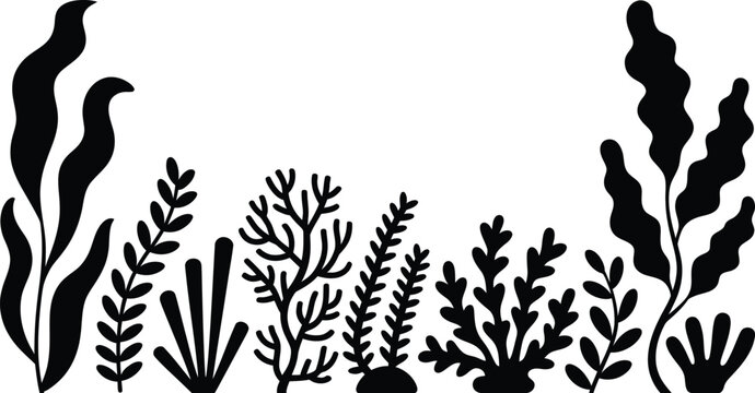 Seaweed silhouette underwater ocean plant set coral reef algae marine life kelp aquatic flora vector illustration isolated white background element.
