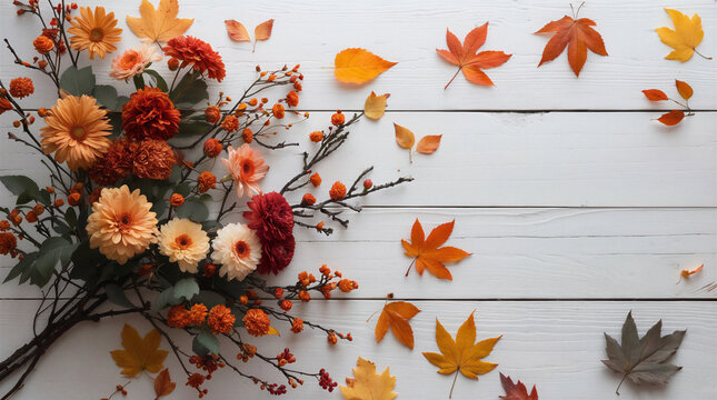 Vintage bouquet of dried flowers and autumn leaves