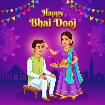Happy bhai dooj greeting card with sister applying tilak to brother