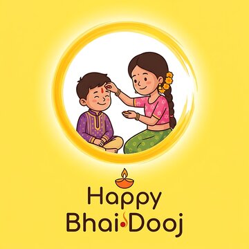 Illustration of a sister applying tilak on her brothers forehead for bhai dooj