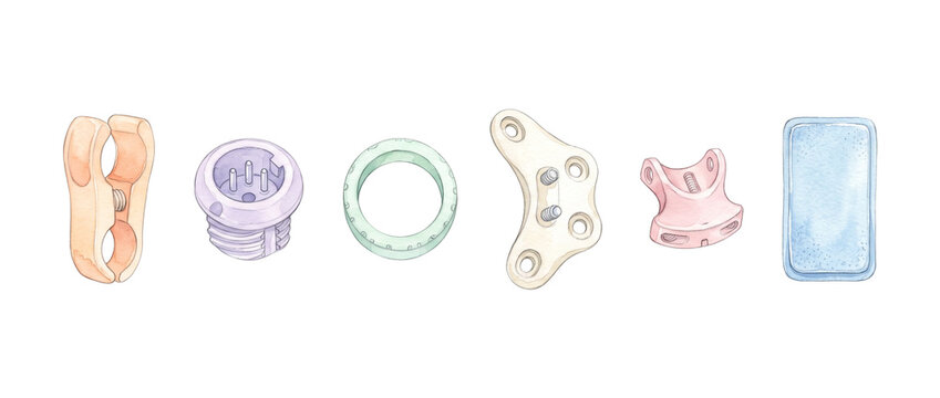 Medical hardware mechanical components isolated watercolor illustration set including connectors, brackets, clips, ring washers, and spare parts for engineering, industrial, technical design.