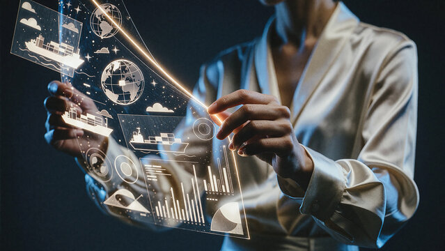Woman interacts with glowing digital interface displaying maritime cargo ship icons and global map graphics in a dark studio setting featuring soft rim lighting on silk fabric.