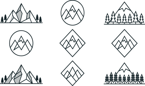 Minimalist Mountain Line Icon Set with Geometric Peak Badges Pine Trees and Abstract Outdoor Travel Logo Designs for Adventure Branding Layouts
