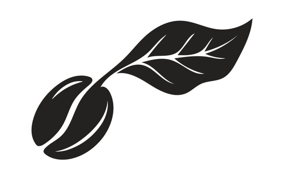 Minimalist black silhouette icon of a single coffee bean with a leaf on a white background
