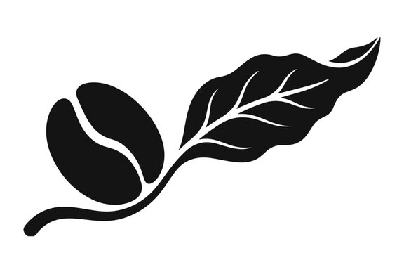 Minimalist black coffee bean icon with a single leaf isolated on a clean white background for design
