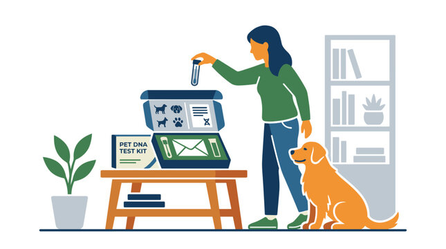 Woman using pet DNA test kit for her golden retriever dog