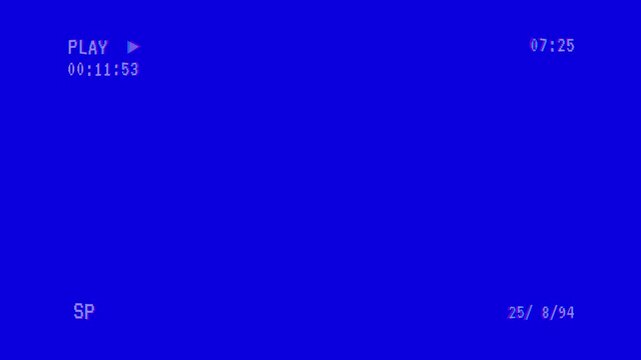 Retro vhs blue screen background with glitch distortion effects and playback overlay, 4k vhs play video