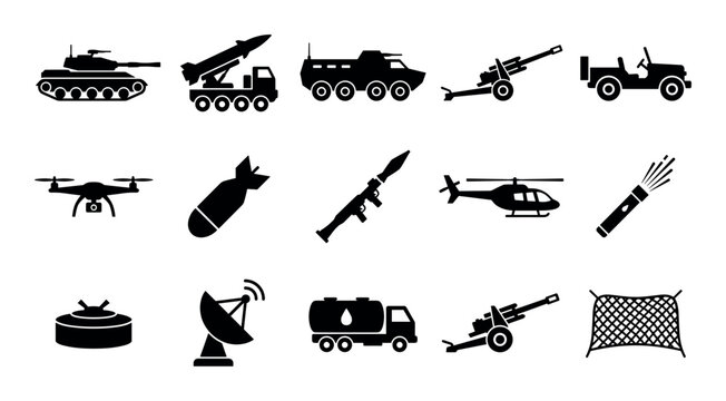 Military and defense vector icons with tank, missile and helicopter for infographic design in solid glyph style