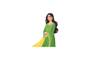 Fototapeta premium Lime Green and Yellow Salwar Kameez Illustration | Traditional South Asian Women's Festive Attire Vector | Elegant Embroidered Kurti and Dupatta Design