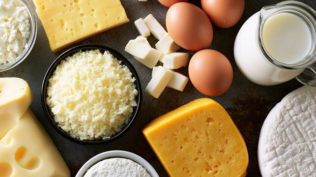 artistically. An artistic arrangement of dairy products from above with soft lighting. menu design, packaging mockups, designed for culinary blogs and recipe cards for restaurants.