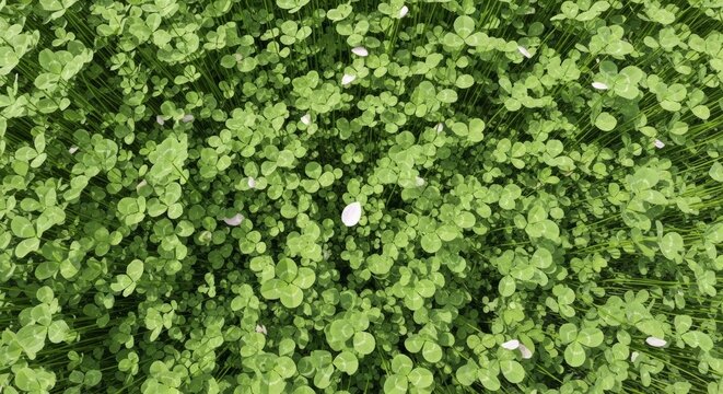 Immersive top down perspective of a clover filled meadow floor where the lush greenery is occasionally interrupted by a few fallen delicate white cherry blossom petals