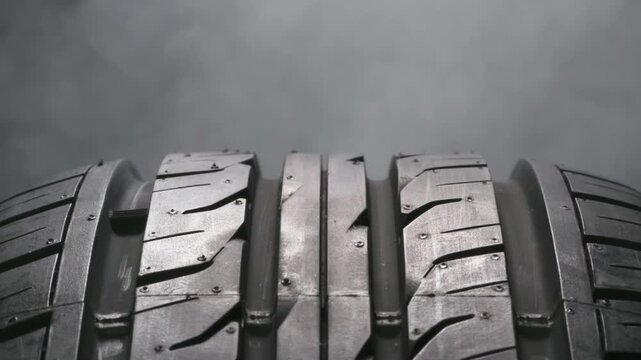 Tire Burning Due to Friction on Asphalt. The spinning wheel rubs against the asphalt and creates a cloud of white smoke on a black background