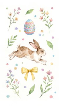 Watercolor Easter set with jumping rabbit, decorated egg and spring flowers.