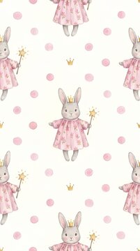 Watercolor bunny princess pattern with pink dots.