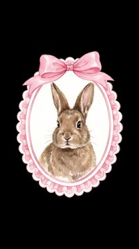 Watercolor bunny rabbit portrait in decorative pink frame.