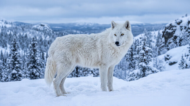 White wolf in snowy landscape.