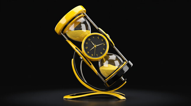 Yellow glass hourglass with internal clock face.