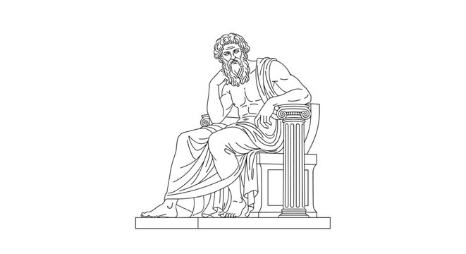 Ancient Greek philosopher sits on a throne next to a classical column in a detailed black and white line art sketch.