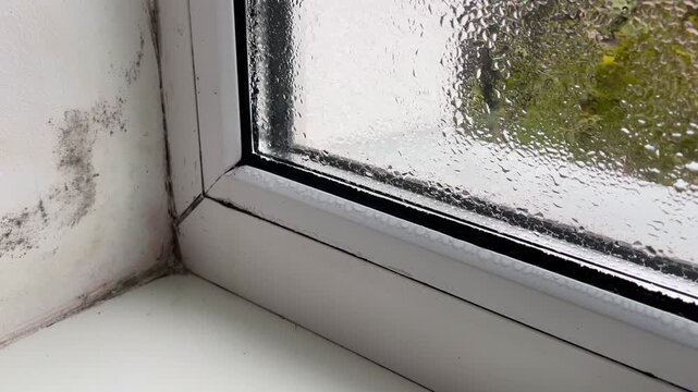 Black mold growing on window frame with condensation caused by indoor humidity. 4k