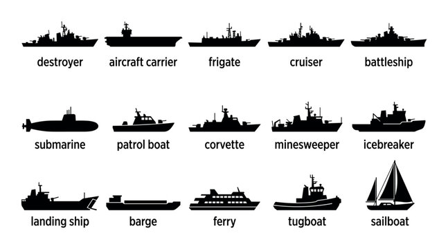 Military and civilian vector icons with battleship, submarine and sailboat for infographic design in solid glyph style