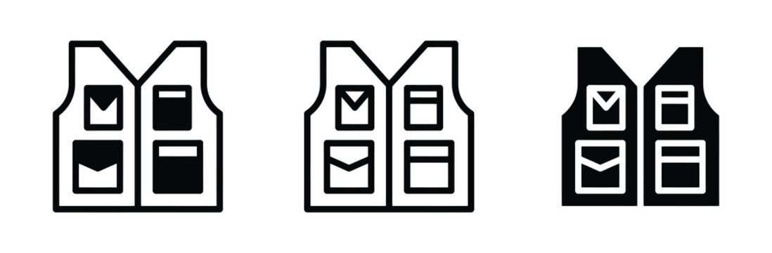 WebSafety vest vector icon set, construction worker high visibility jacket symbol for builder engineer traffic control hunting fishing tactical waistcoat uniform pocket utility clothing gear, flat lin