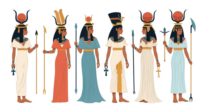 Beautiful set of ancient egyptian goddesses and queens holding staffs in traditional colorful attire on white background.