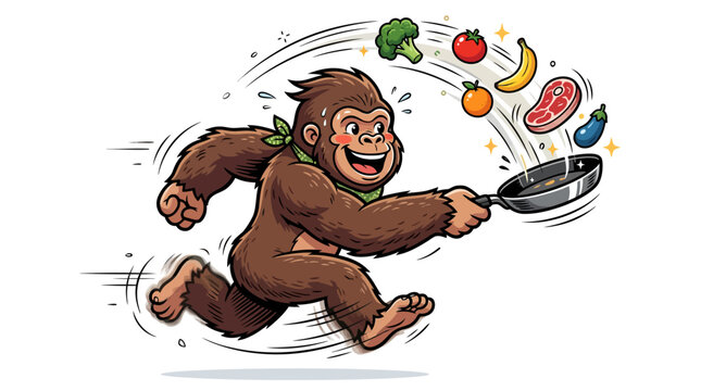 Funny Ape Running with Frying Pan and Fresh Ingredients, Healthy Food Concept