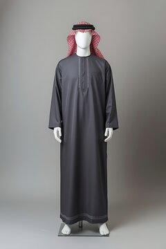Traditional arabic mens thobe or dishdasha in dark grey color with intricate embroidery on the chest and hem, displayed on a mannequin