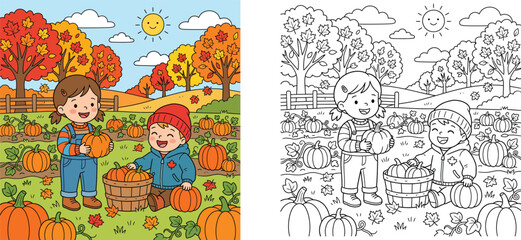 Fototapeta premium Cute kids picking pumpkins in autumn pumpkin patch illustration and black and white line art coloring page set vector background for children fall harvest activity book.