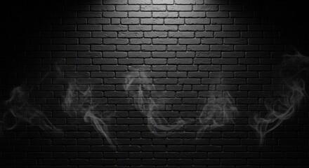 Fototapeta premium Dark charcoal brick wall with ethereal grey smoke wisps and central lighting vignette