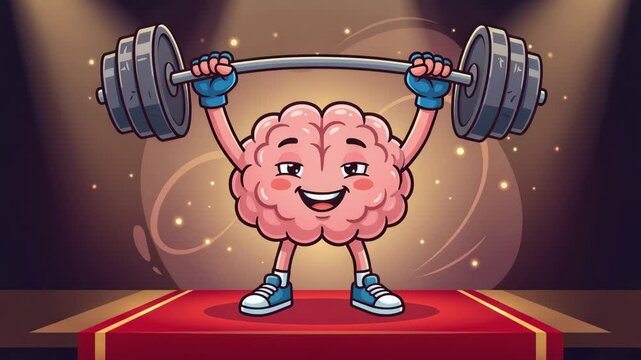 Cheerful cartoon brain lifting heavy barbell, energetic fitness pose, symbolizing mental strength, cognitive development, 4K video