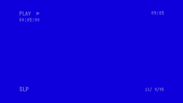 Retro vhs blue screen background with glitch distortion effects and playback overlay, 4k vhs play video