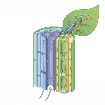 Illustrative diagram detailing the intricate transport of water and essential nutrients through xylem and phloem within plant stems and leaves, showcasing vital vascular tissue function