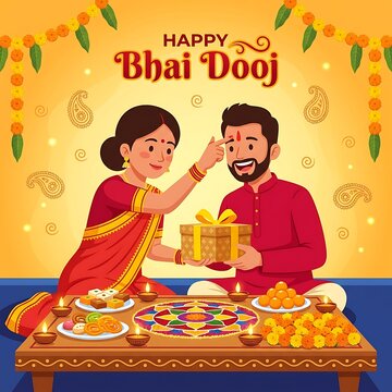 Illustration of a sister applying tilak to her brother on bhai dooj festival