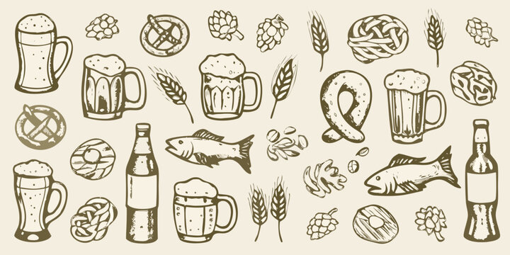 Oktoberfest Beer Garden Elements Sepia toned Vector Illustration