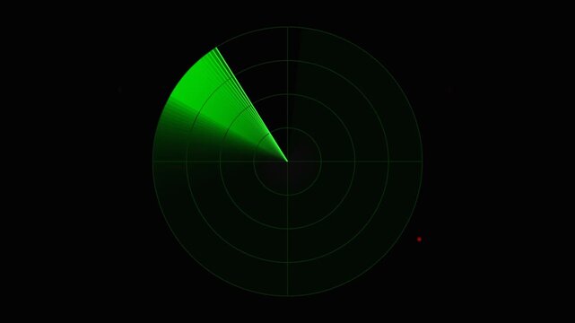 A green radar screen with a sweeping scanner detecting a single red target on a dark display.
