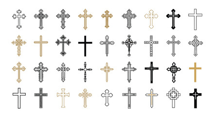 Fototapeta premium Large collection of thirty-six different christian cross designs in gold, black, and white outline graphic styles.