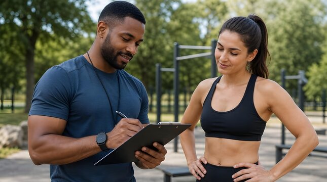 Fitness coach recording client progress on clipboard. Personal trainer tracking workout results.