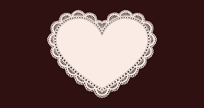 Solid beige vintage lace doily heart shape with intricate filigree borders and a blank center space, perfect for aesthetic cottagecore scrapbooking, romantic Valentine cards and wedding labels.