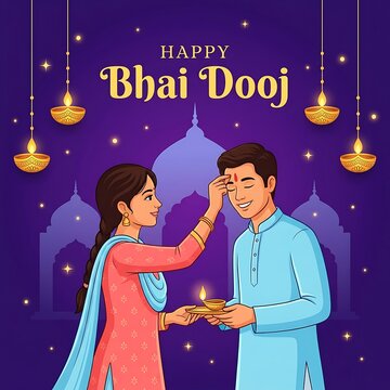 Happy bhai dooj greeting card illustration with sister applying tilak to brother