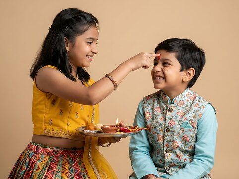 Indian sister applying tilak on brothers forehead during raksha bandhan festival